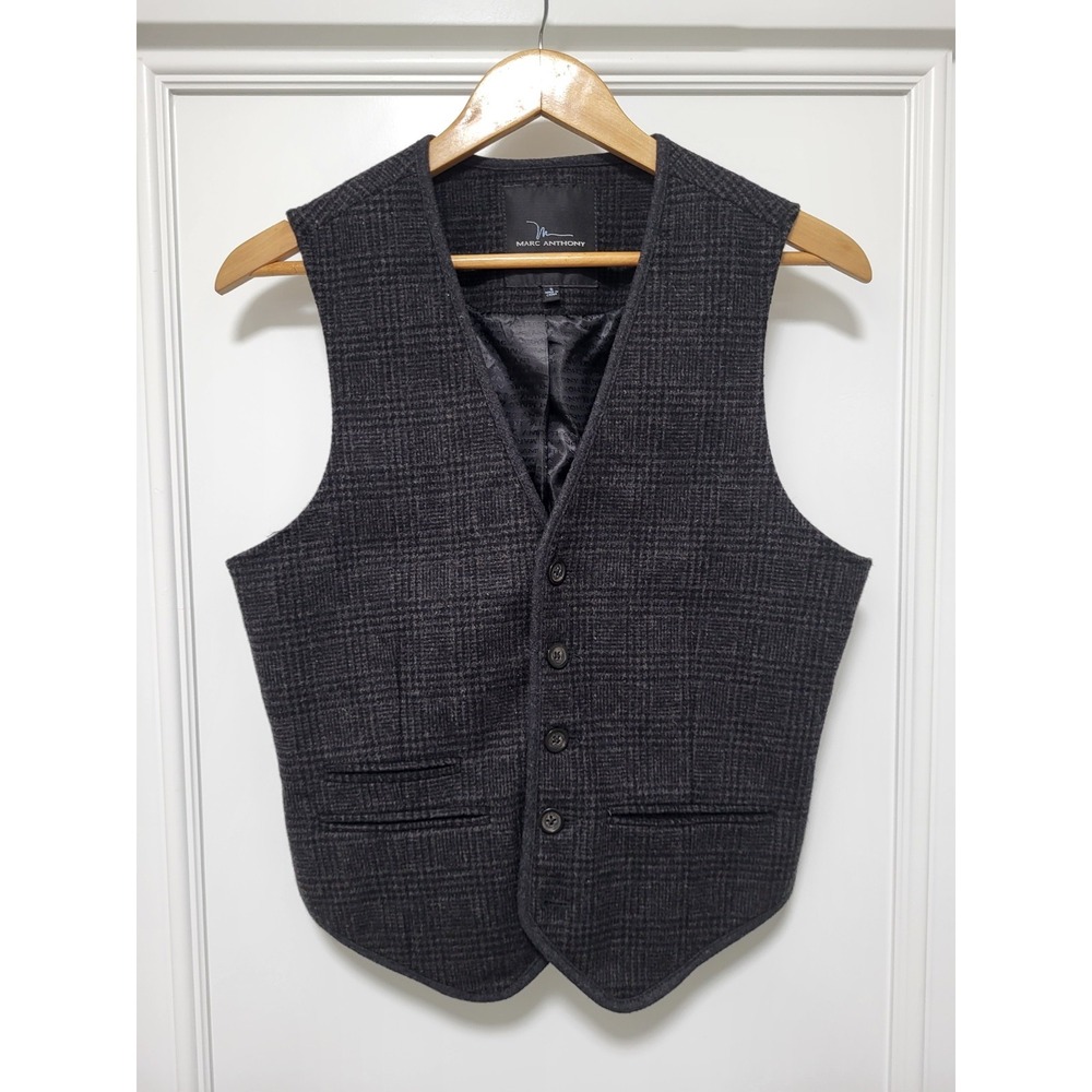 Mens NWOT Charcoal Gray Plaid Wool Blend Button Up Suit Vest Marc Anthony Sz S